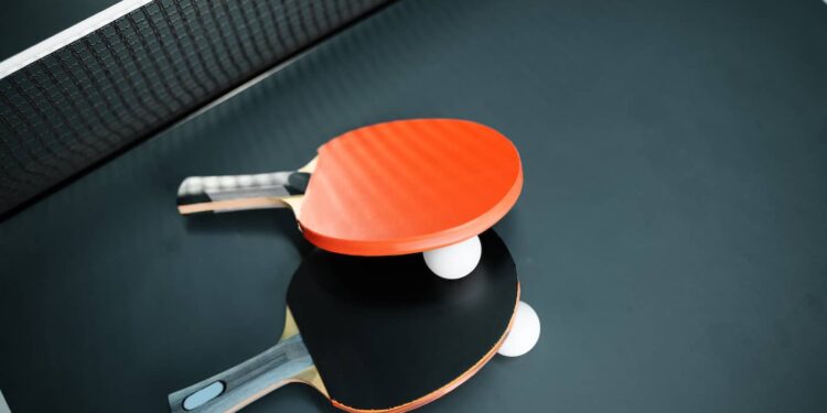 ping pong rackets and ball at the net closeup 2021 08 29 17 36 18 utc