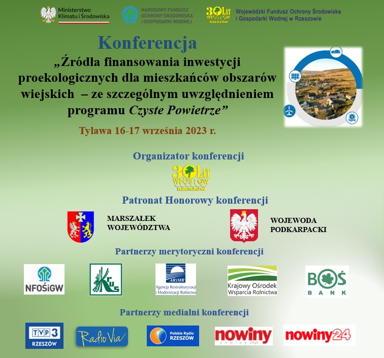 Plakat konferencji „Zrodla finansowania inwestycji proekologicznych dla mieszkancow obszarow wiejskich – ze szczegolnym uwzglednieniem programu Czyste Powietrze