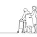 Continuous line drawing. Young woman help old woman using a walking frame. Vector illustration