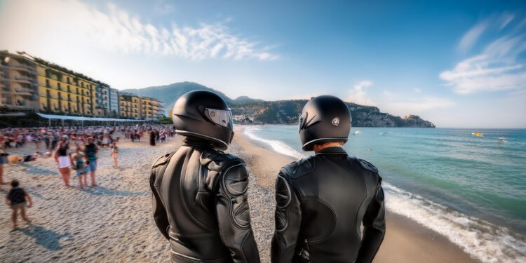 Firefly backs of two men in black motorcycle helmets on a beach near Naples Italy terrified beachg