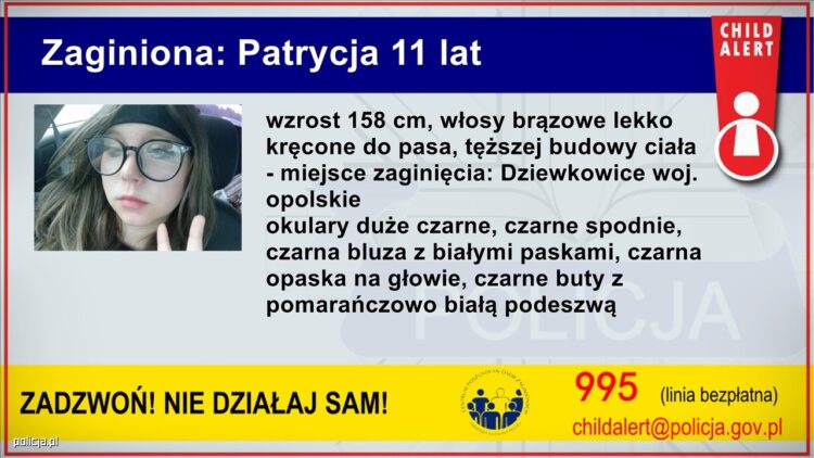 Child Alert: Zaginęła 11-letnia Patrycja Głowania – trwa akcja poszukiwawcza (aktualizacja)