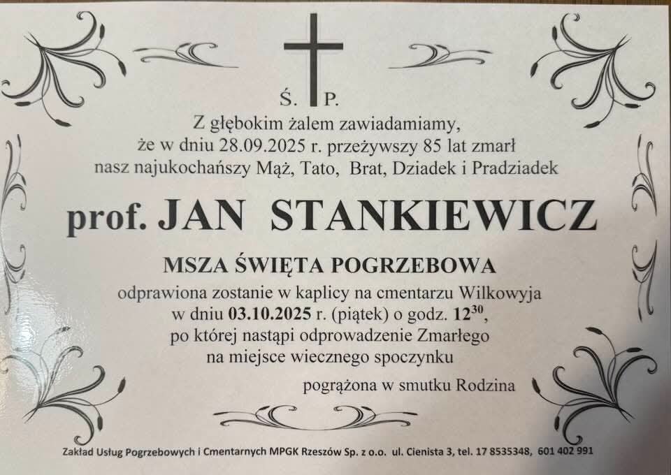 Zmarł prof. Jan Stankiewicz, naukowiec, wykładowca Politechniki Rzeszowskiej - Polskie Radio Rzeszów