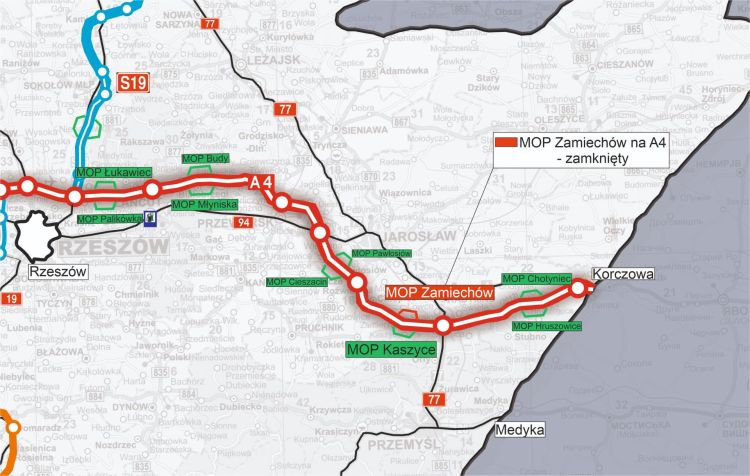 GDDKiA Rzeszów: zamknięty MOP Zamiechów na trasie z Korczowej do Rzeszowa