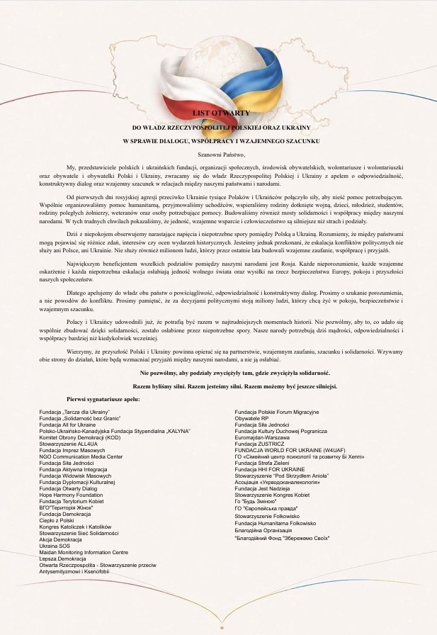 List otwarty polskich i ukraińskich organizacji do władz. Apel o dialog i wzajemny szacunek - Polskie Radio Rzeszów